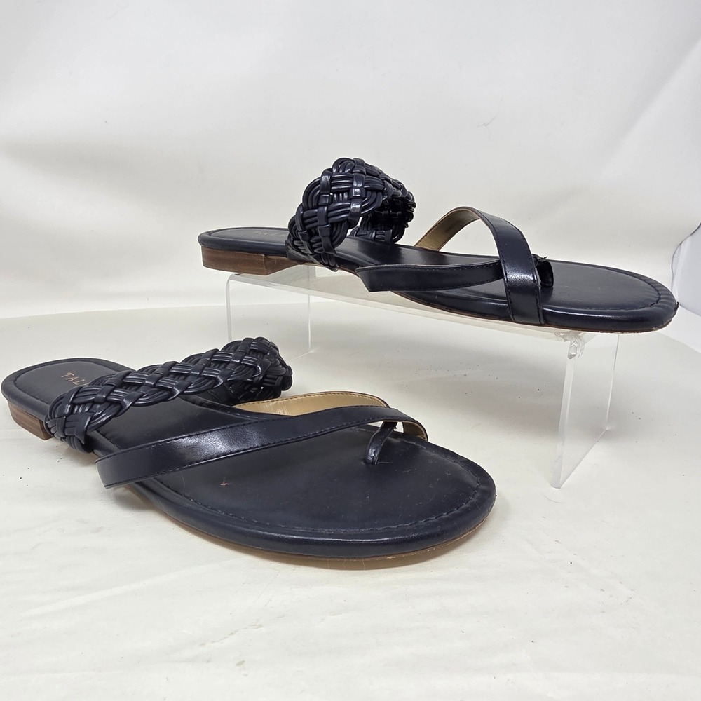 Talbots Braided Leather Slide Sandals Women 11M Navy Blue Toe Loop Flat Summer